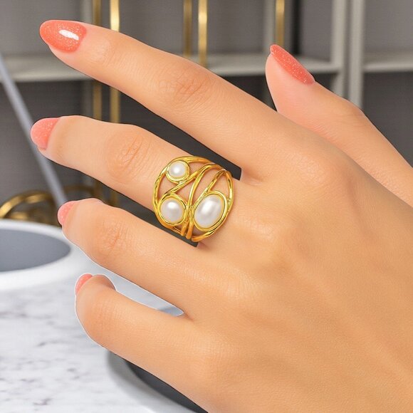 🆕 18K Gold Plated Adjustable Ring With Faux Pearls Artistic Trendy Swirl Design - Picture 3 of 11